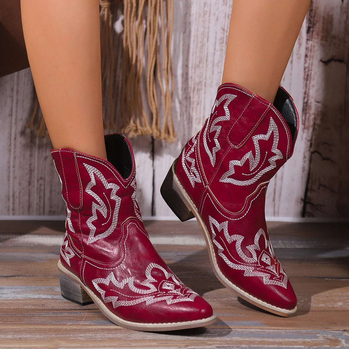 Embroidery Leather Cowboy Ankle Boots