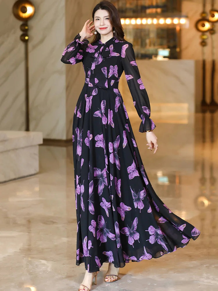 Elegant Lace-up Butterfly Print Dress