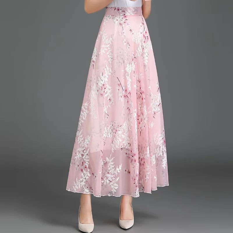 Elegant Floral Chiffon Long Skirt