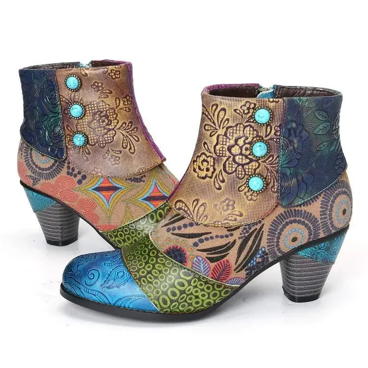 Vintage Printed Leather Ankle Boots