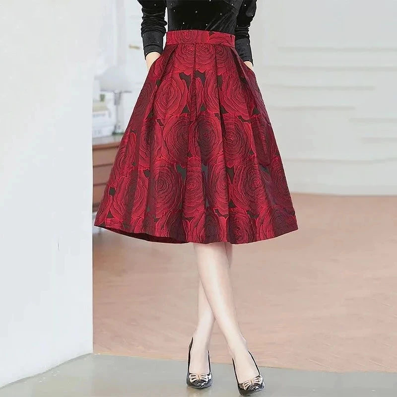 Elegant Pleated Jacquard Vintage Skirt