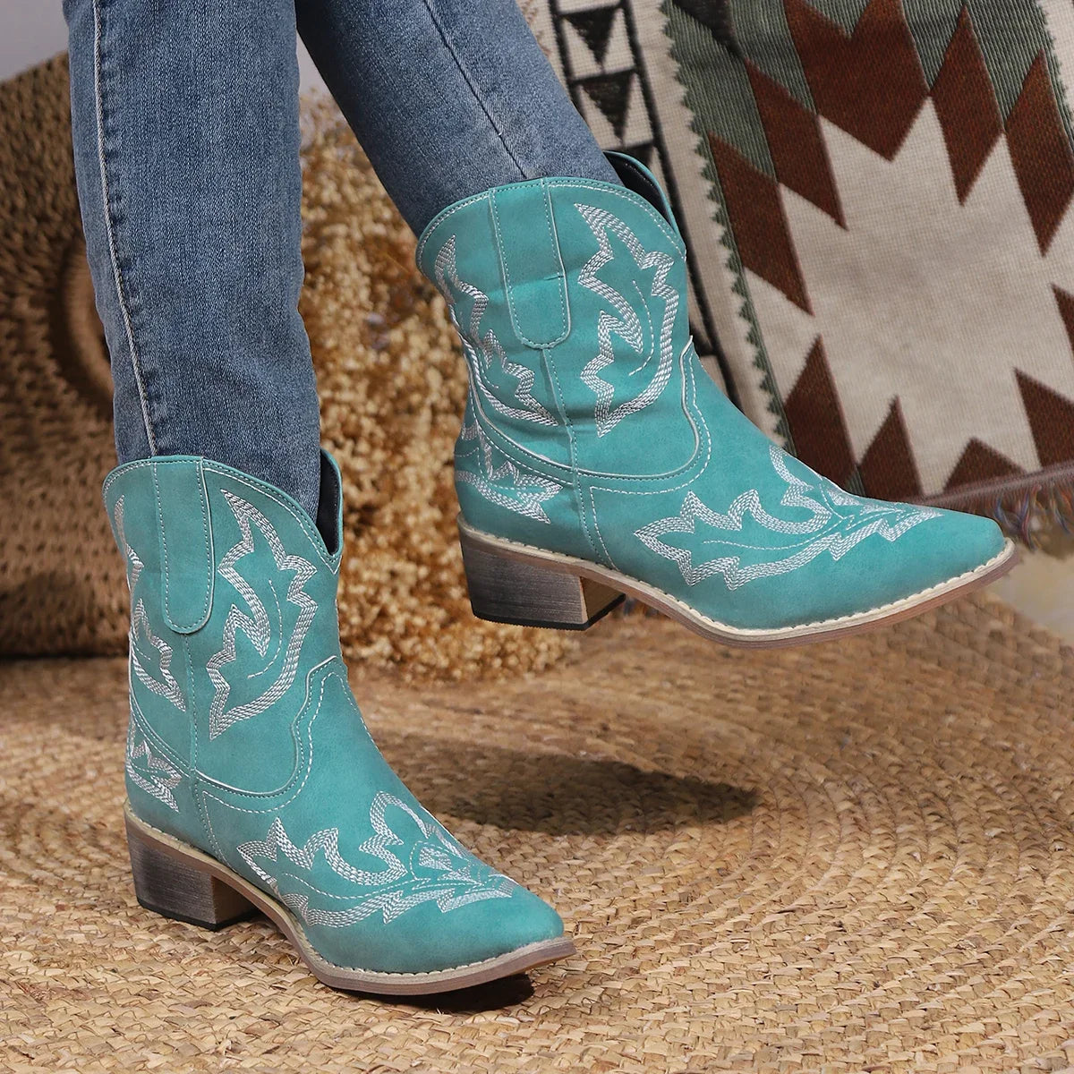 Embroidery Leather Cowboy Ankle Boots