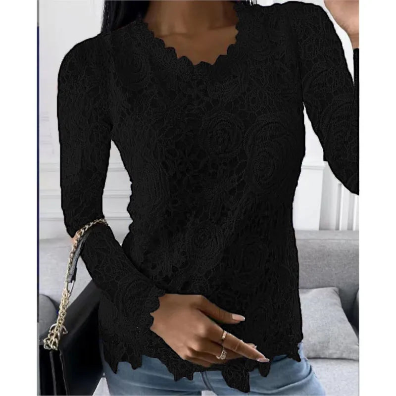 Long Sleeve Elegant Hollow Out Blouse