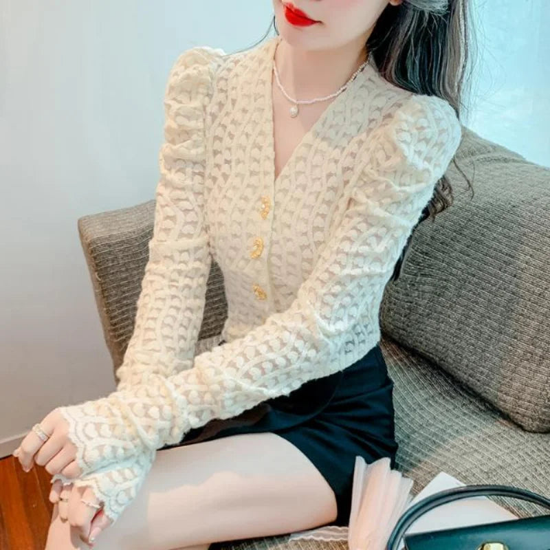 French V-neck Women Lace Shirt Korean Clothing Fashion Office Lady Crochet White Bottoming Solid Long Sleeve Chic Thicken Blouse