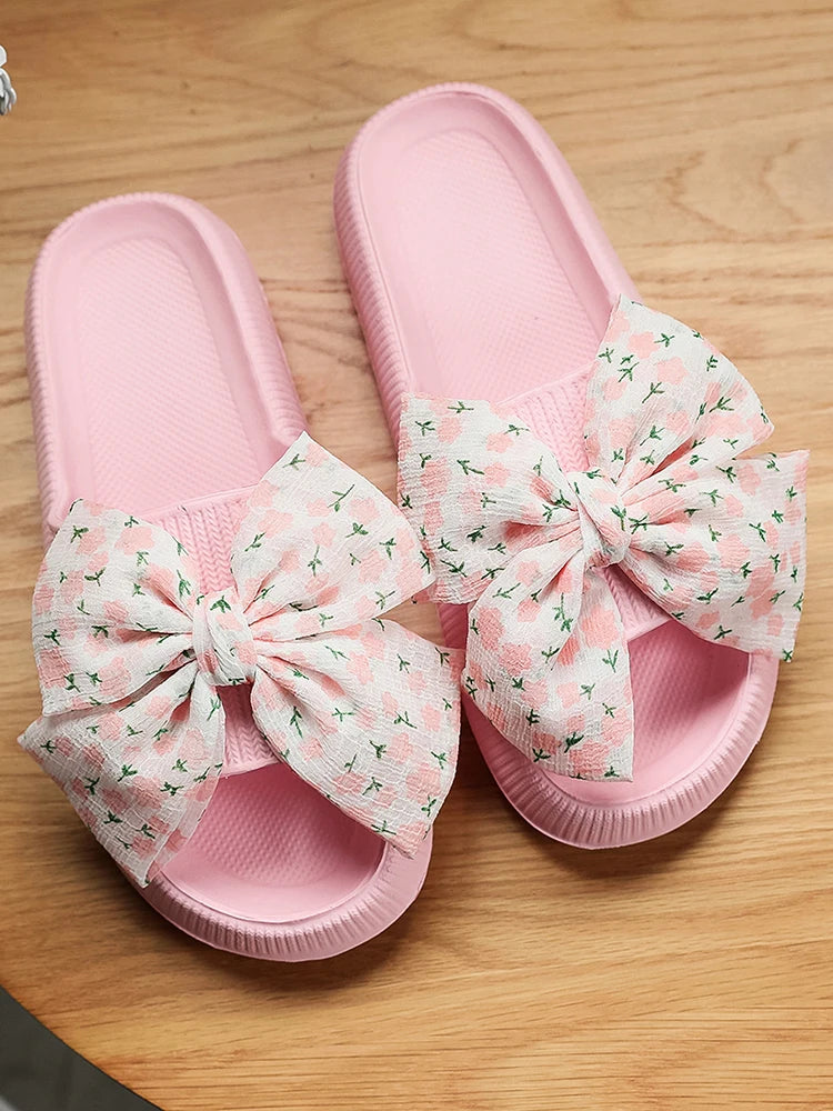 Pink Flower Bow Thick Slippers