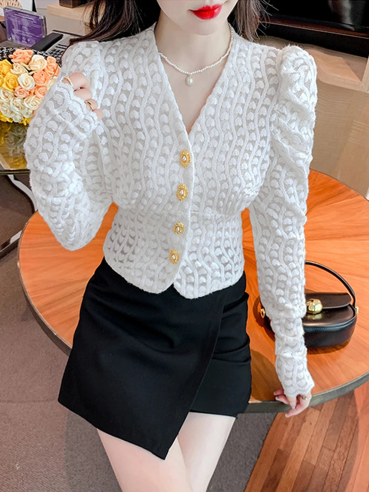 French V-neck Women Lace Shirt Korean Clothing Fashion Office Lady Crochet White Bottoming Solid Long Sleeve Chic