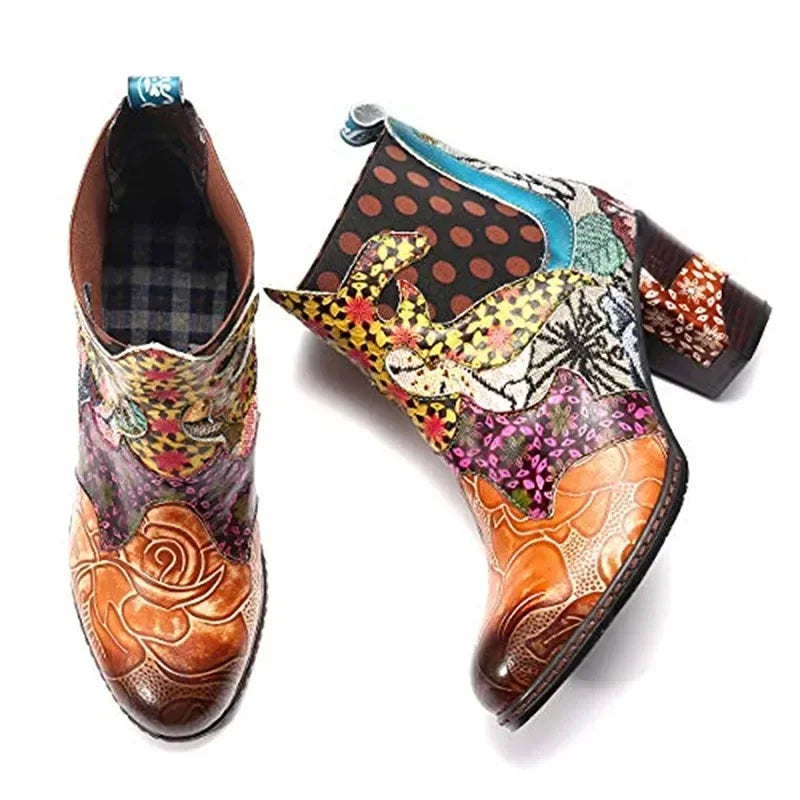 Vintage Printed Leather Ankle Boots