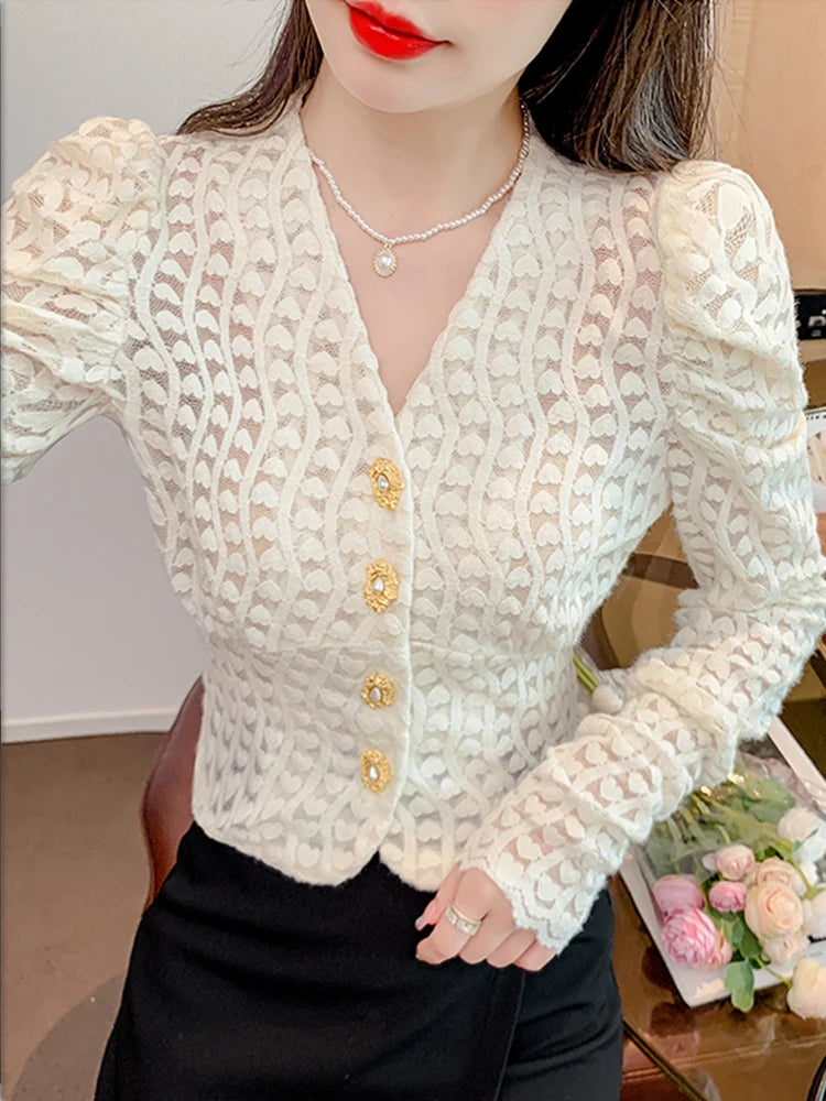 French V-neck Women Lace Shirt Korean Clothing Fashion Office Lady Crochet White Bottoming Solid Long Sleeve Chic