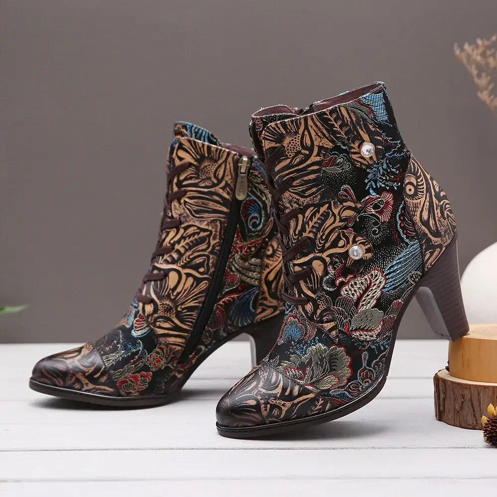 Vintage Printed Cow Leather Ankle Boots