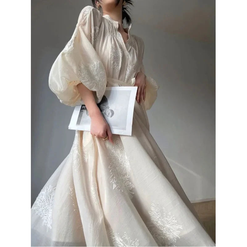 French elegant embroidery flower lantern sleeve midi dress women fashion v neck lace up dresses loose casual holiday vestidos