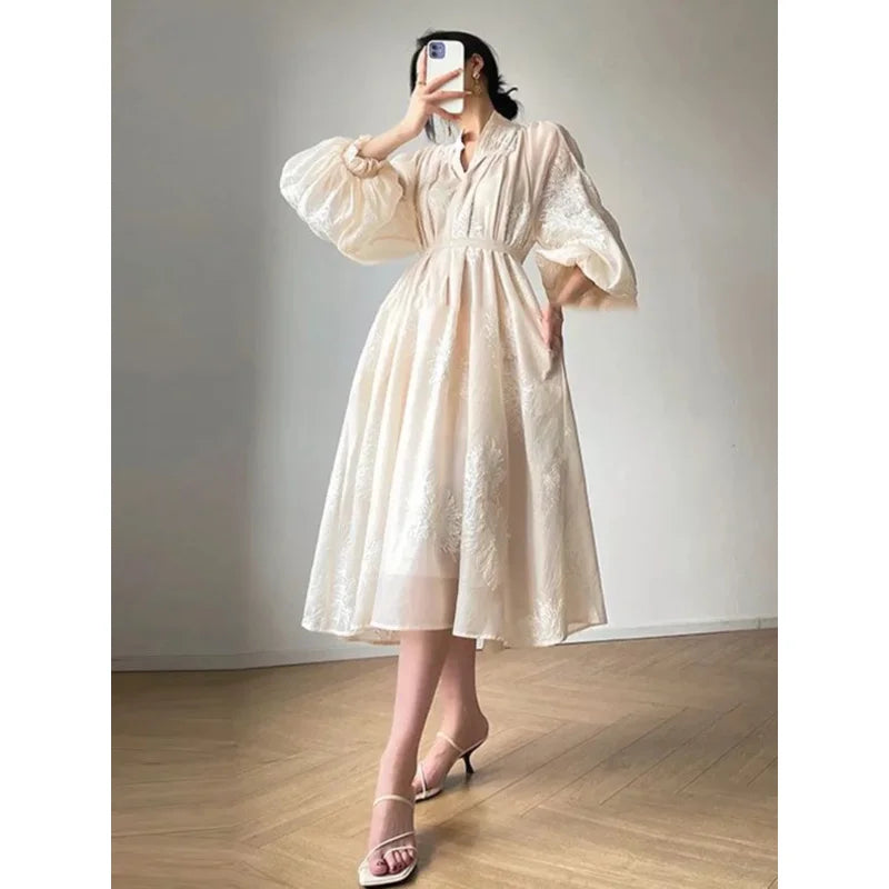 French elegant embroidery flower lantern sleeve midi dress women fashion v neck lace up dresses loose casual holiday vestidos