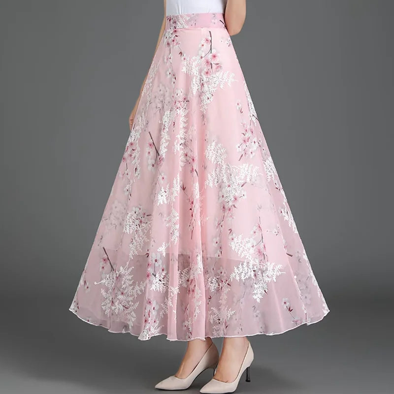 Elegant Floral Chiffon Long Skirt