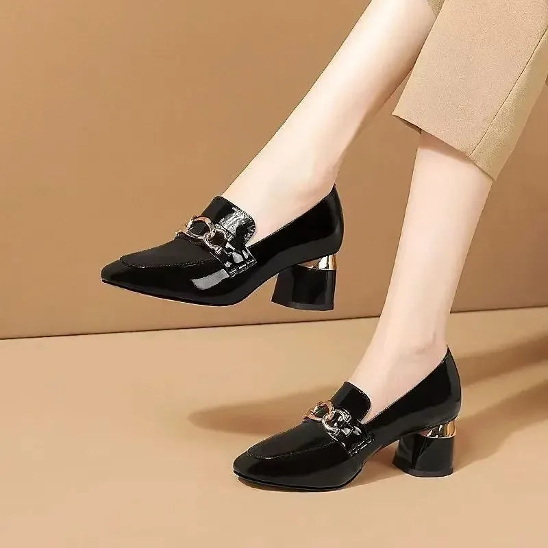 Square Heel Metal Chain Pumps Shoes