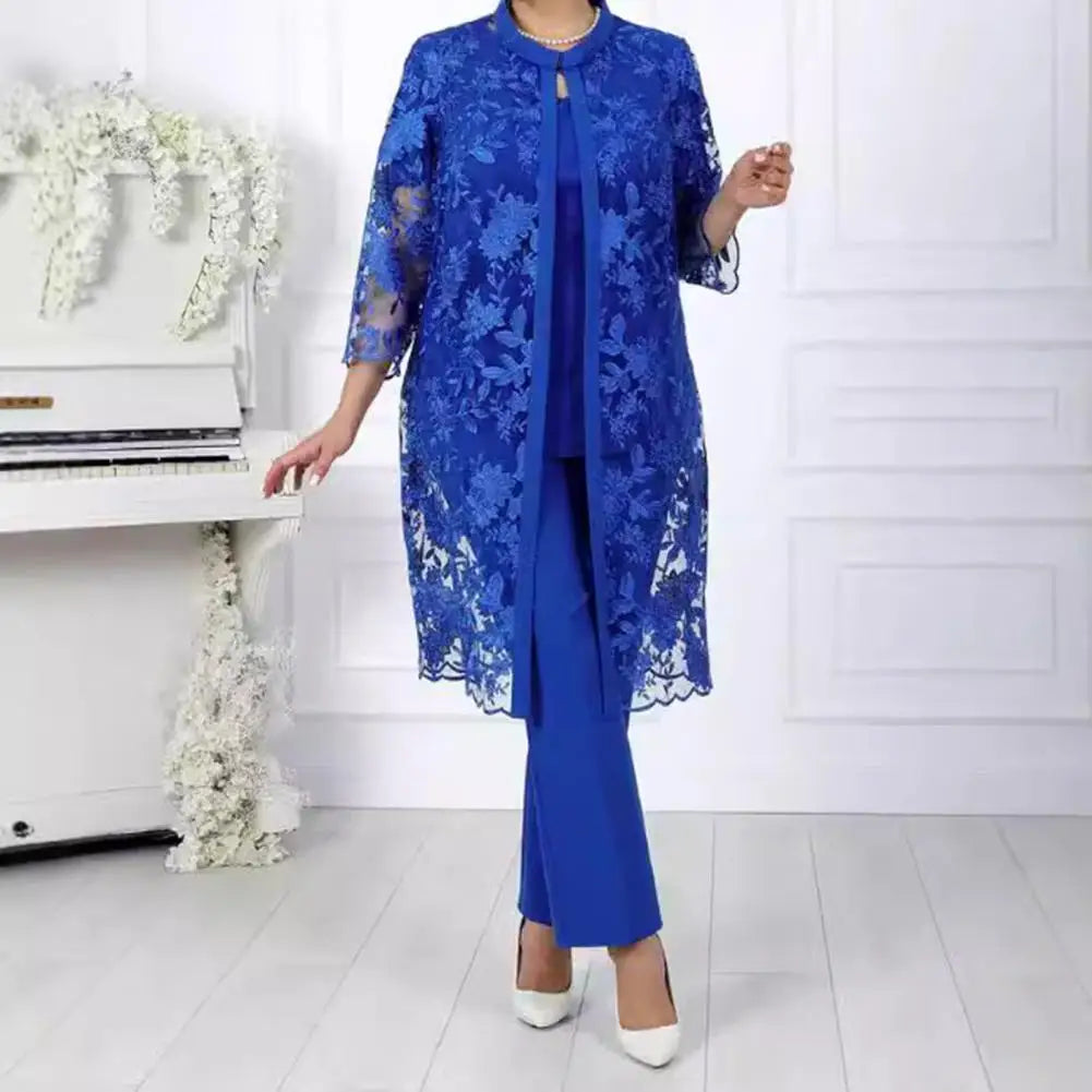 Floral Embroidery Coat Set Mid-aged Women Clothes Elegant Lace Floral Embroidery Suit for Women Top Coat Wide Leg Trousers