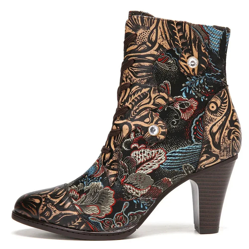 Vintage Printed Cow Leather Ankle Boots