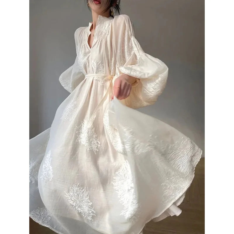 French elegant embroidery flower lantern sleeve midi dress women fashion v neck lace up dresses loose casual holiday vestidos