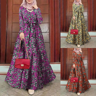 2024 Eid Muslim Dress For Women Ramadan Long Sleeve Flower Printing Maxi Dresses Elegant Casual Female Sashes Long Muslim Robe