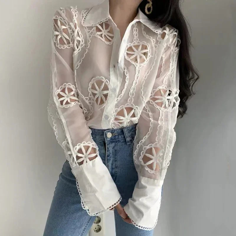 Vintage Embroidery Floral White Blouse