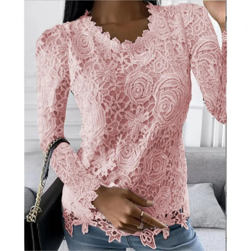 Long Sleeve Elegant Hollow Out Blouse