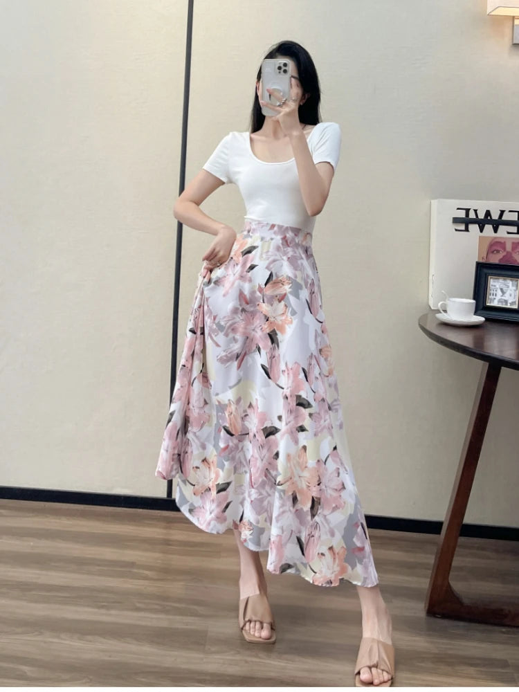 Floral Printed Chiffon Midi Skirts