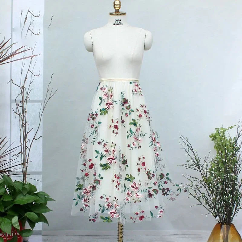 Elegant Embroidery Elastic Midi Mesh Skirt