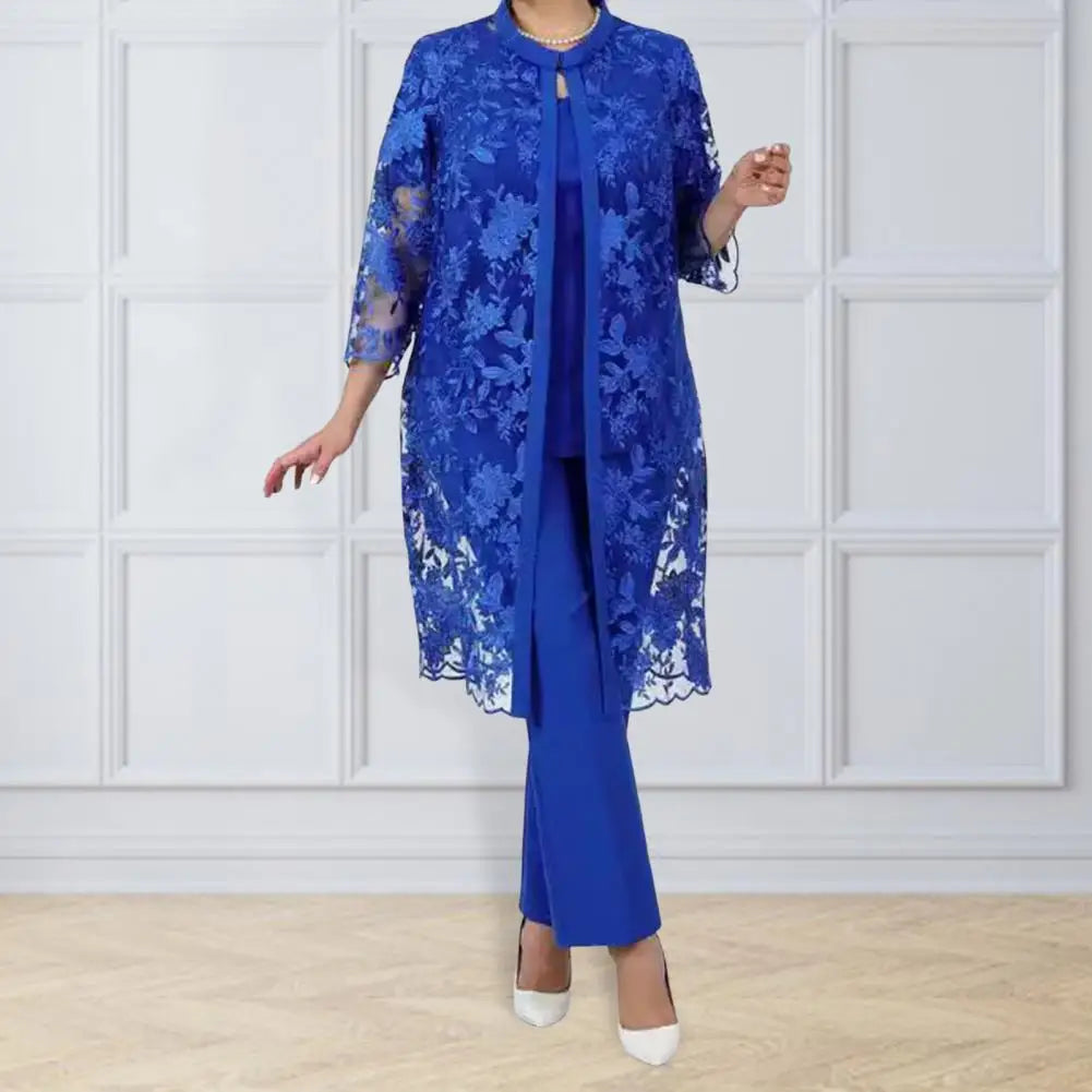 Floral Embroidery Coat Set Mid-aged Women Clothes Elegant Lace Floral Embroidery Suit for Women Top Coat Wide Leg Trousers