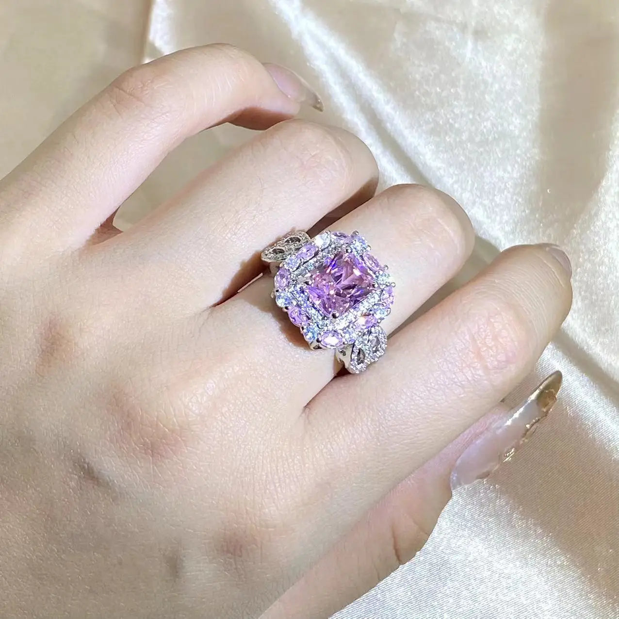 Sparkling Pink Zircon Collection Square Ring