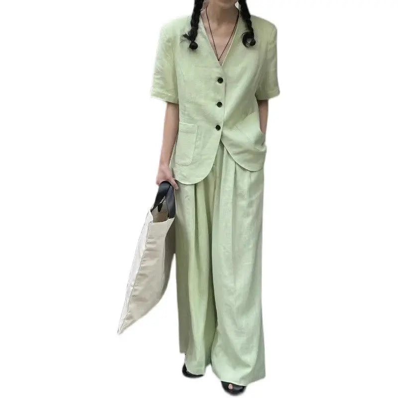 Short Sleeved Blazer Wide Leg Pants Set