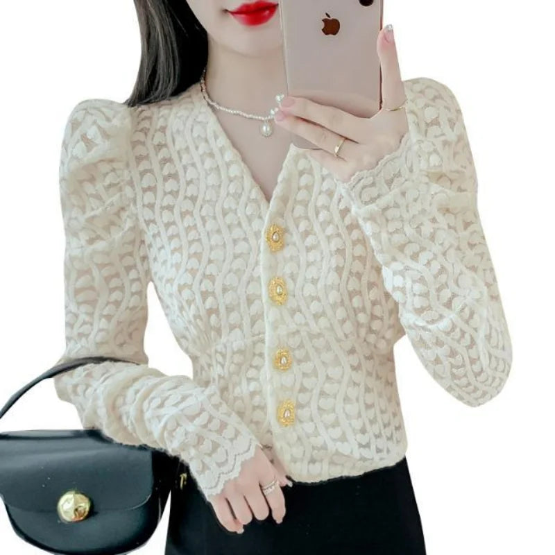 French V-neck Women Lace Shirt Korean Clothing Fashion Office Lady Crochet White Bottoming Solid Long Sleeve Chic Thicken Blouse